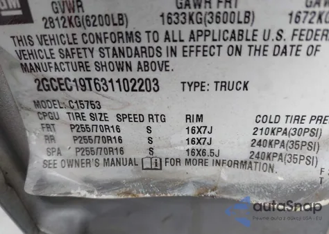 2003 Chevrolet Silverado 1500 Ls z USA, uszkodzony, nr VIN 2GCEC19T631102203